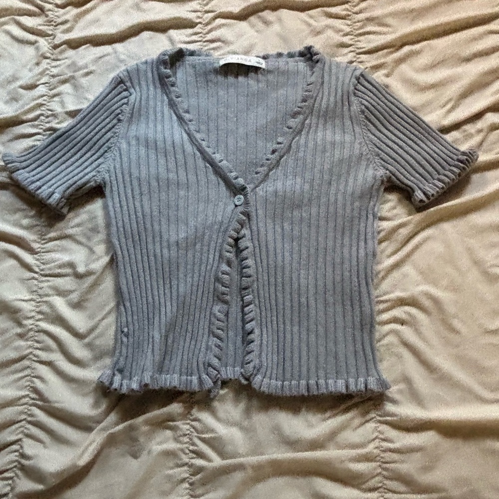 Mint green Ribbed and ruffled crop sweater